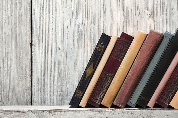 books on a whitewashed shelf